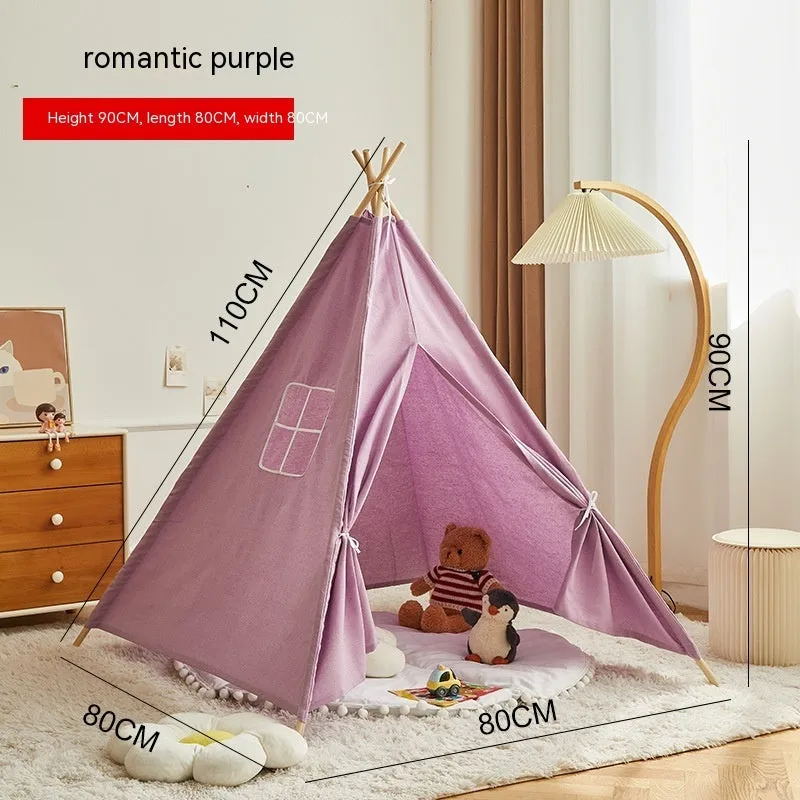 Children's indoor wood frame play tent in princess pink fur ball style with castle design for imaginative play