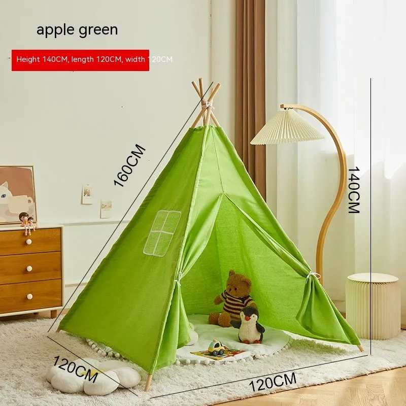 Children's indoor wood frame play tent in princess pink fur ball style with castle design for imaginative play