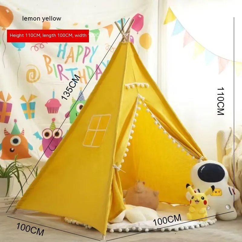 Children's indoor wood frame play tent in princess pink fur ball style with castle design for imaginative play