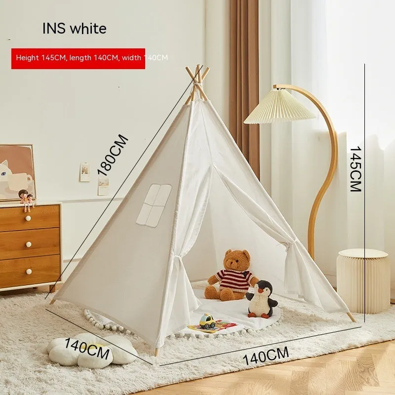 Children's indoor wood frame play tent in princess pink fur ball style with castle design for imaginative play