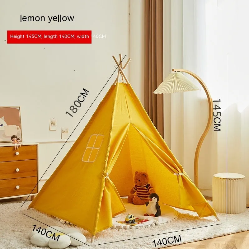 Children's indoor wood frame play tent in princess pink fur ball style with castle design for imaginative play