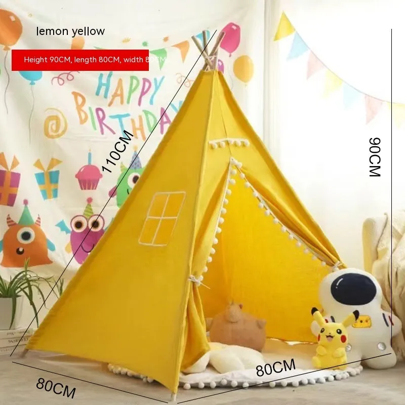 Children's indoor wood frame play tent in princess pink fur ball style with castle design for imaginative play