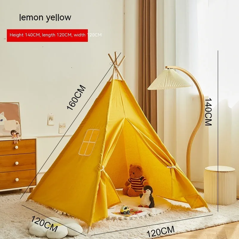 Children's indoor wood frame play tent in princess pink fur ball style with castle design for imaginative play