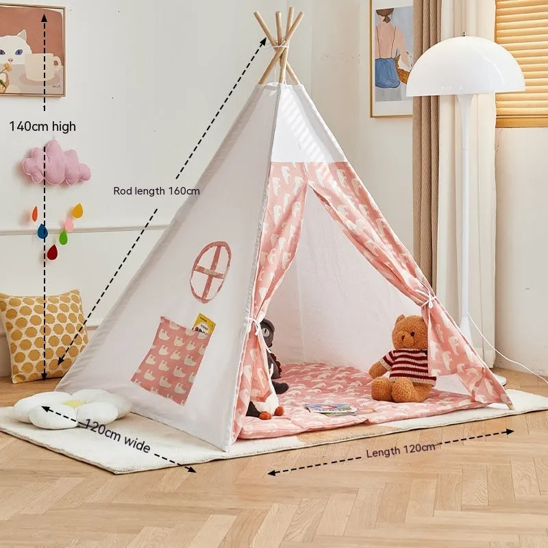Children's indoor wood frame play tent in princess pink fur ball style with castle design for imaginative play