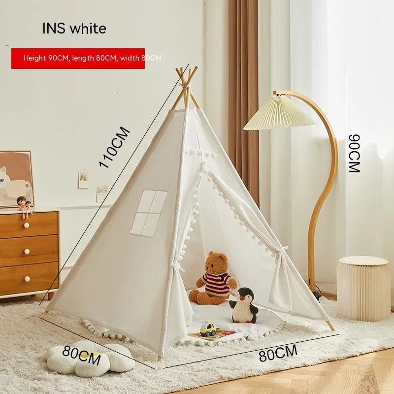 Children's indoor wood frame play tent in princess pink fur ball style with castle design for imaginative play