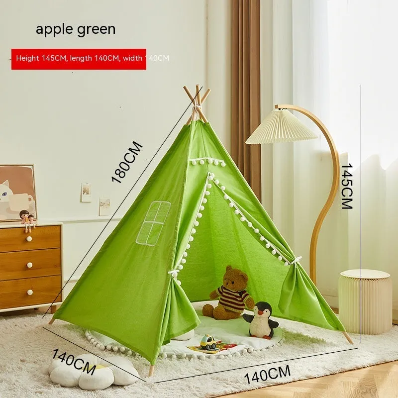 Children's indoor wood frame play tent in princess pink fur ball style with castle design for imaginative play
