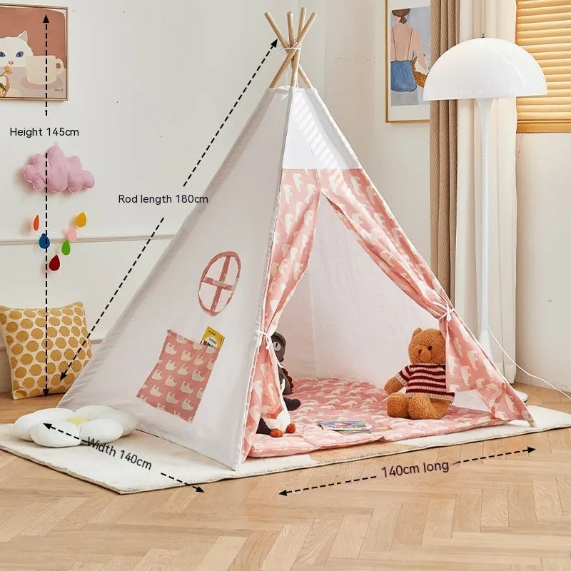 Children's indoor wood frame play tent in princess pink fur ball style with castle design for imaginative play