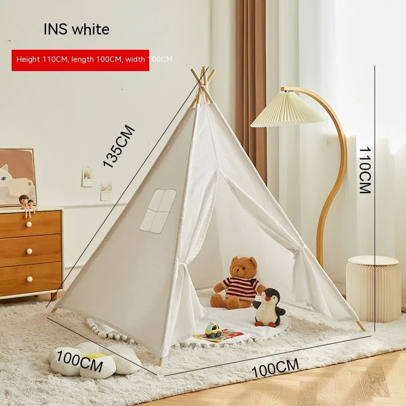 Children's indoor wood frame play tent in princess pink fur ball style with castle design for imaginative play