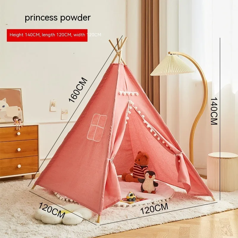 Children's indoor wood frame play tent in princess pink fur ball style with castle design for imaginative play