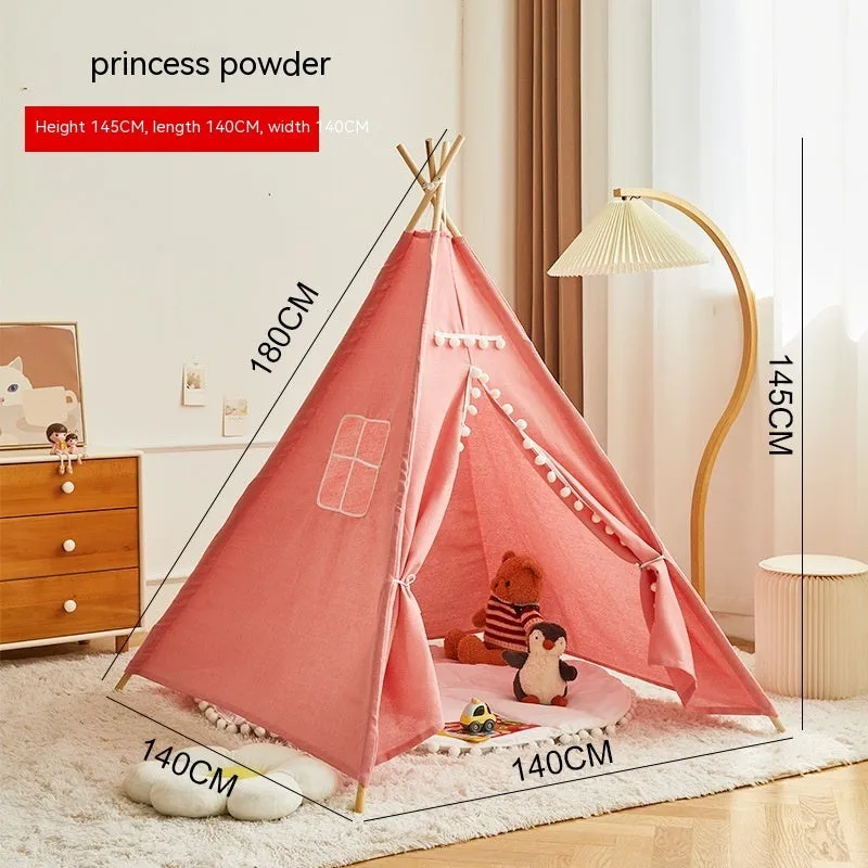Children's indoor wood frame play tent in princess pink fur ball style with castle design for imaginative play