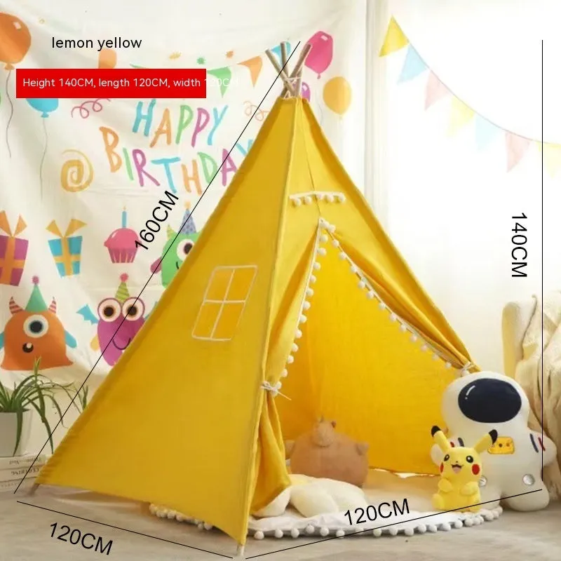 Children's indoor wood frame play tent in princess pink fur ball style with castle design for imaginative play