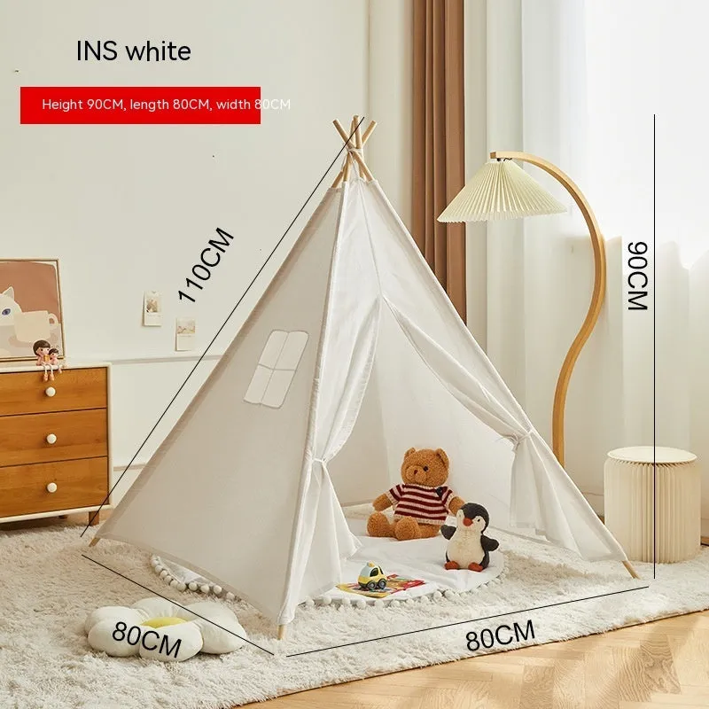 Children's indoor wood frame play tent in princess pink fur ball style with castle design for imaginative play