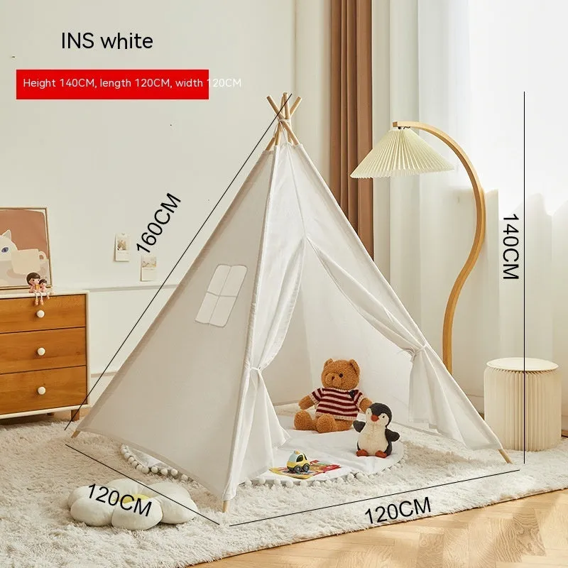 Children's indoor wood frame play tent in princess pink fur ball style with castle design for imaginative play