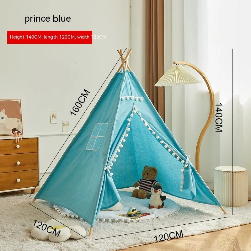 Children's indoor wood frame play tent in princess pink fur ball style with castle design for imaginative play