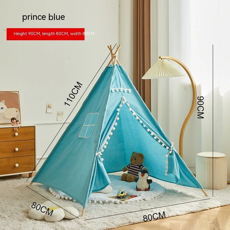 Children's indoor wood frame play tent in princess pink fur ball style with castle design for imaginative play
