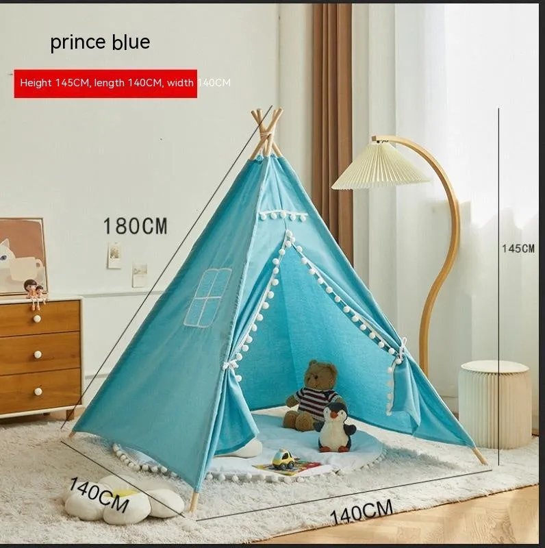 Children's indoor wood frame play tent in princess pink fur ball style with castle design for imaginative play