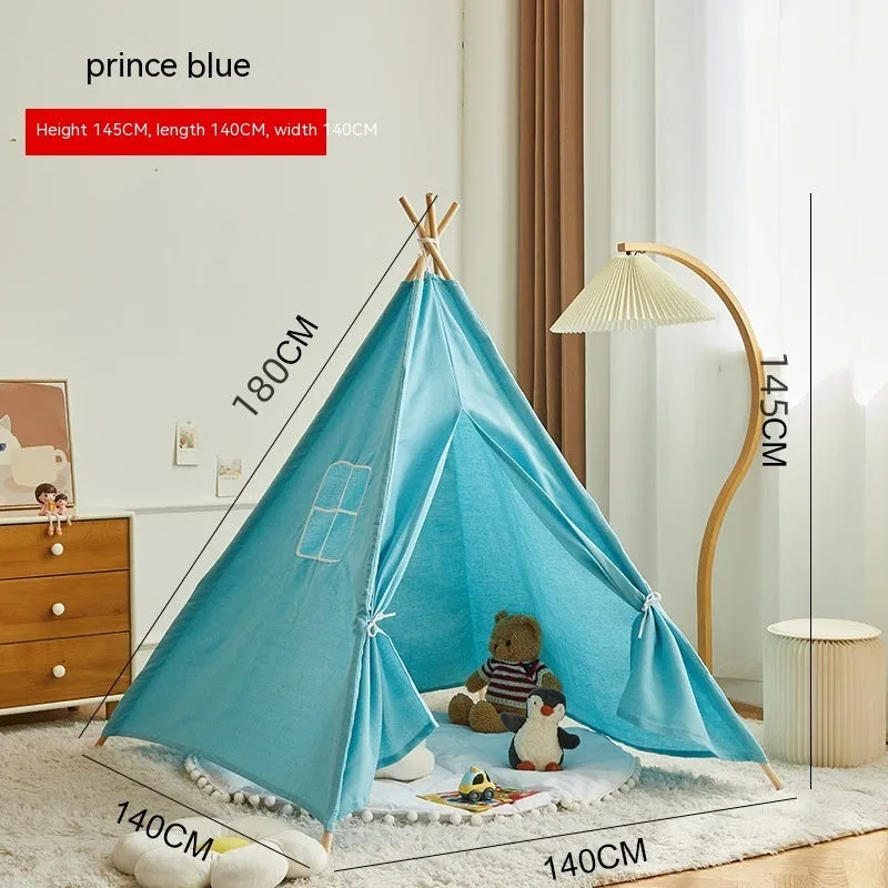 Children's indoor wood frame play tent in princess pink fur ball style with castle design for imaginative play
