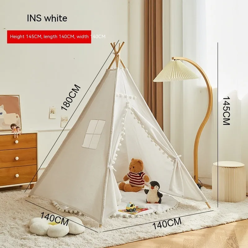 Children's indoor wood frame play tent in princess pink fur ball style with castle design for imaginative play