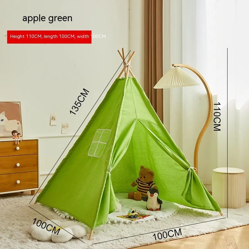 Children's indoor wood frame play tent in princess pink fur ball style with castle design for imaginative play