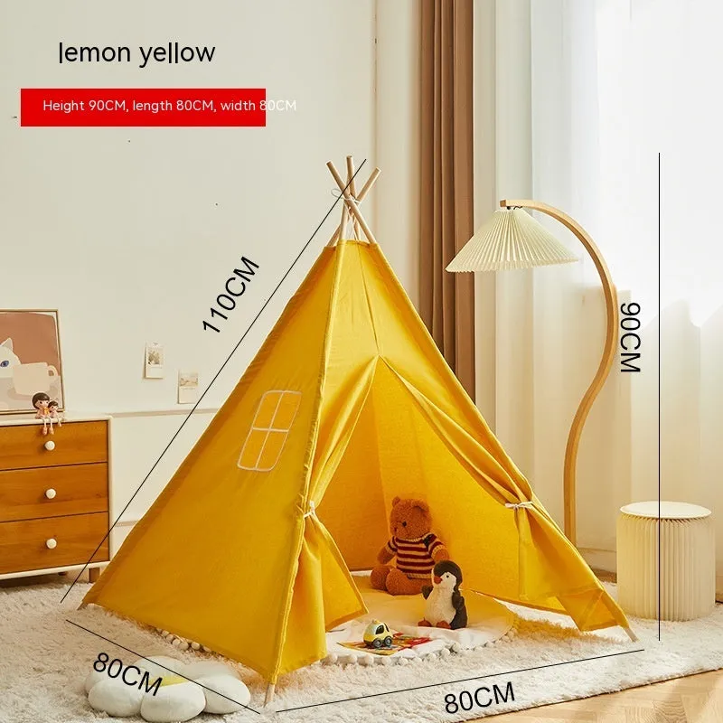 Children's indoor wood frame play tent in princess pink fur ball style with castle design for imaginative play