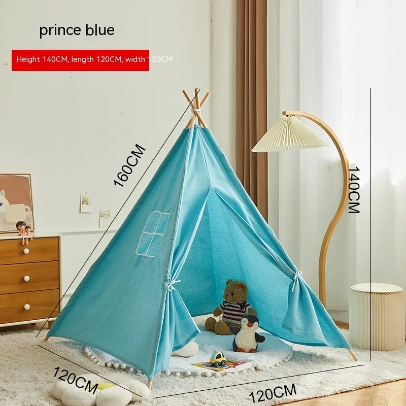 Children's indoor wood frame play tent in princess pink fur ball style with castle design for imaginative play
