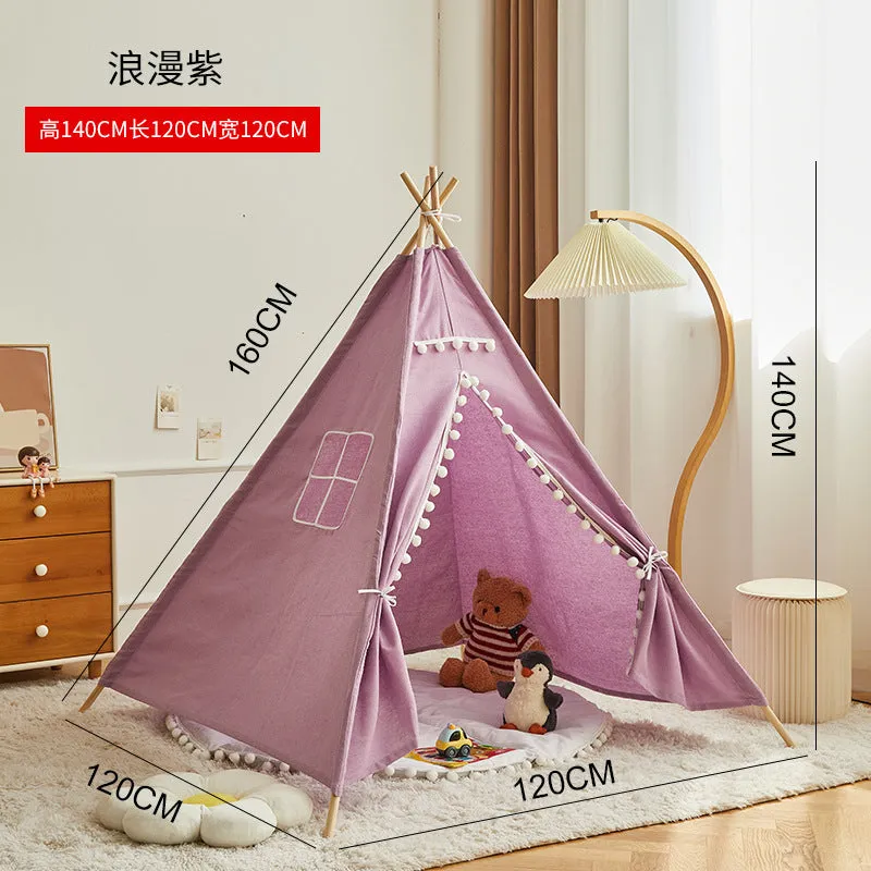 Children's indoor wood frame play tent in princess pink fur ball style with castle design for imaginative play