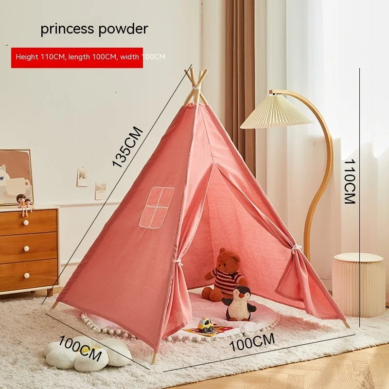 Children's indoor wood frame play tent in princess pink fur ball style with castle design for imaginative play