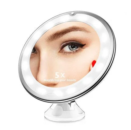 White 10x magnifying LED makeup mirror with flexible gooseneck and suction cup base