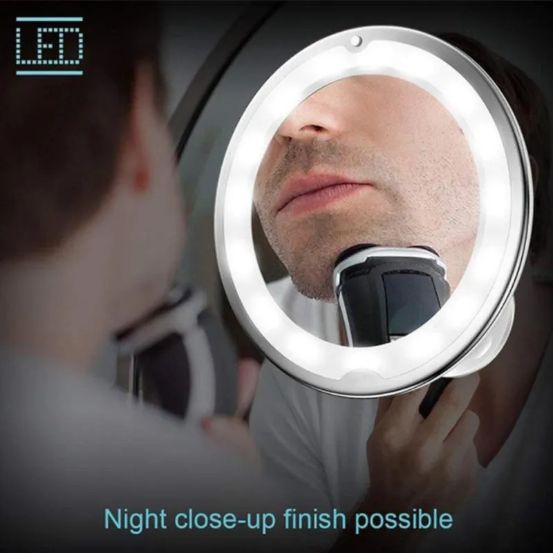 White 10x magnifying LED makeup mirror with flexible gooseneck and suction cup base