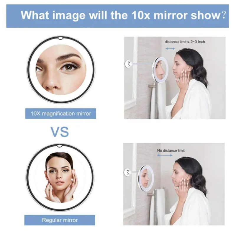 White 10x magnifying LED makeup mirror with flexible gooseneck and suction cup base