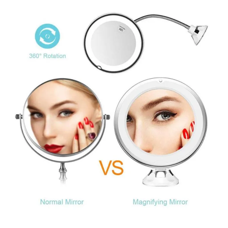 White 10x magnifying LED makeup mirror with flexible gooseneck and suction cup base