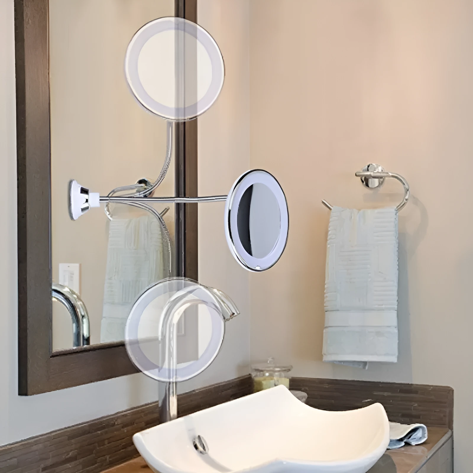White 10x magnifying LED makeup mirror with flexible gooseneck and suction cup base
