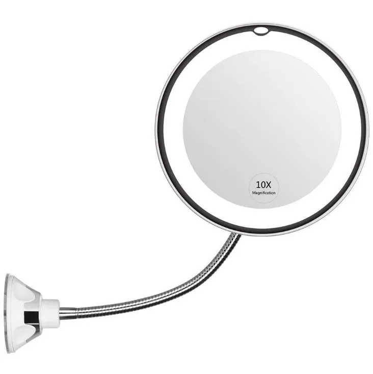 White 10x magnifying LED makeup mirror with flexible gooseneck and suction cup base