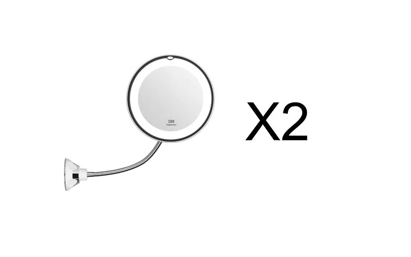 White 10x magnifying LED makeup mirror with flexible gooseneck and suction cup base