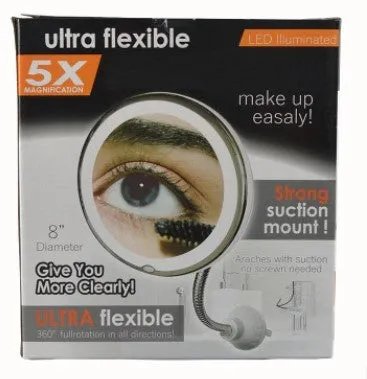 White 10x magnifying LED makeup mirror with flexible gooseneck and suction cup base
