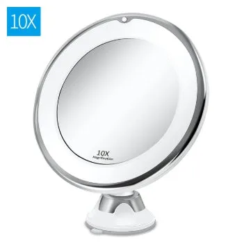 White 10x magnifying LED makeup mirror with flexible gooseneck and suction cup base