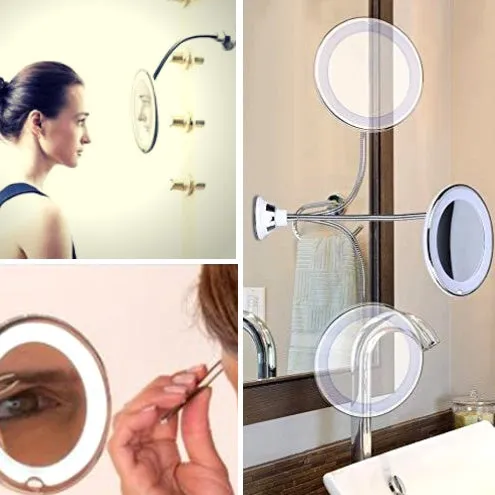 White 10x magnifying LED makeup mirror with flexible gooseneck and suction cup base