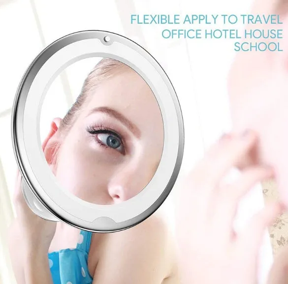 White 10x magnifying LED makeup mirror with flexible gooseneck and suction cup base