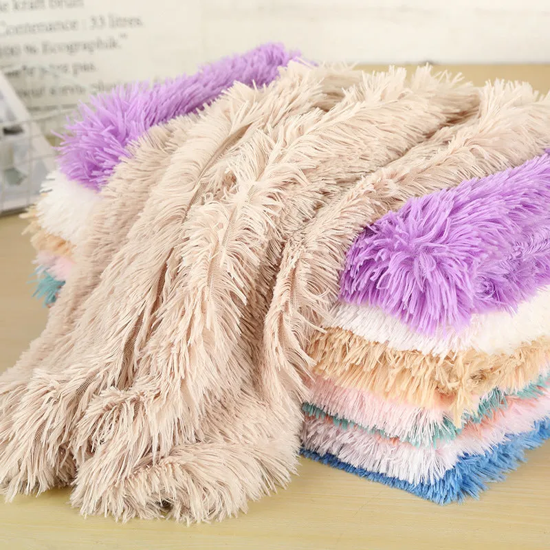Beige pet dog plush mat on floor with soft 4cm plush surface