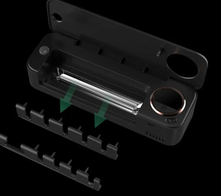 UV toothbrush holder steriliser with LED display attached to wall, showing countdown, black colour