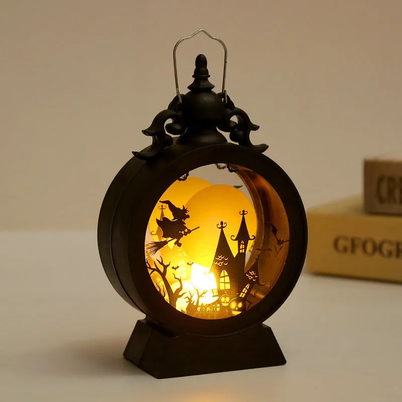 Halloween retro candle portable storm lantern with hook, LED light in pumpkin colour, 9.5x15cm size