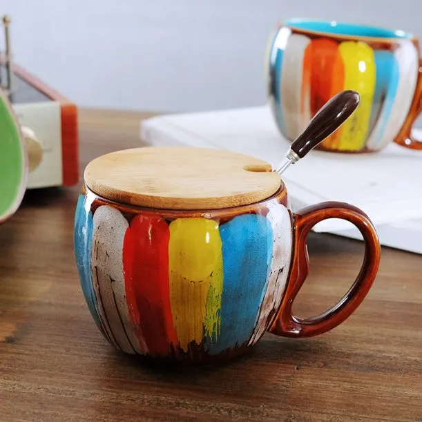 Creative handmade ceramic mug with lid and spoon, 350ml, vibrant blue colour, European style