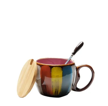 Creative handmade ceramic mug with lid and spoon, 350ml, vibrant blue colour, European style