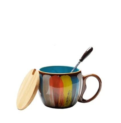 Creative handmade ceramic mug with lid and spoon, 350ml, vibrant blue colour, European style