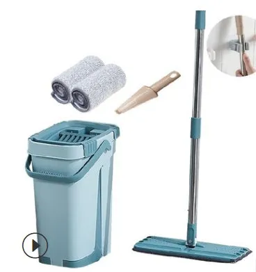 Home kitchen wooden floor lazy mop with bucket, microfiber head, and aluminium rod