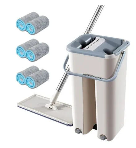 Home kitchen wooden floor lazy mop with bucket, microfiber head, and aluminium rod