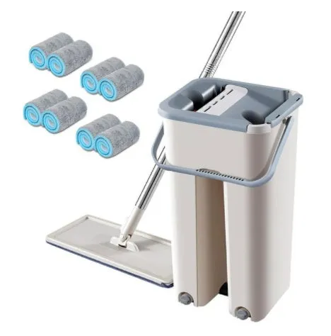 Home kitchen wooden floor lazy mop with bucket, microfiber head, and aluminium rod