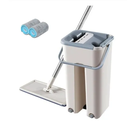 Home kitchen wooden floor lazy mop with bucket, microfiber head, and aluminium rod