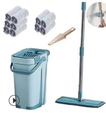Home kitchen wooden floor lazy mop with bucket, microfiber head, and aluminium rod