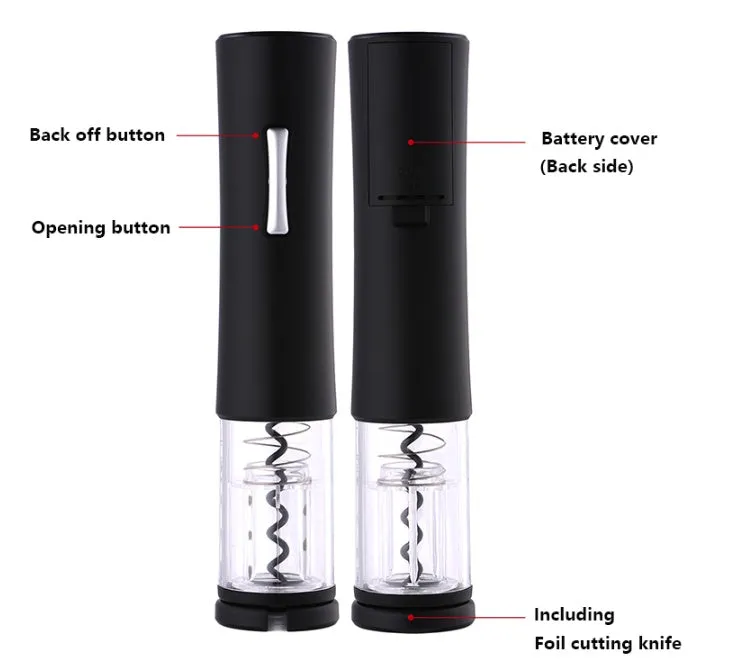 Automatic electric wine opener set with foil cutter stopper and pourer in black finish